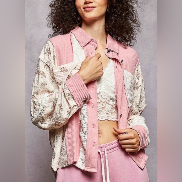 POL Tops - H175 New POL S pp24 Pink and Cream Patchwork detail Lace Button-Up Jacket Top